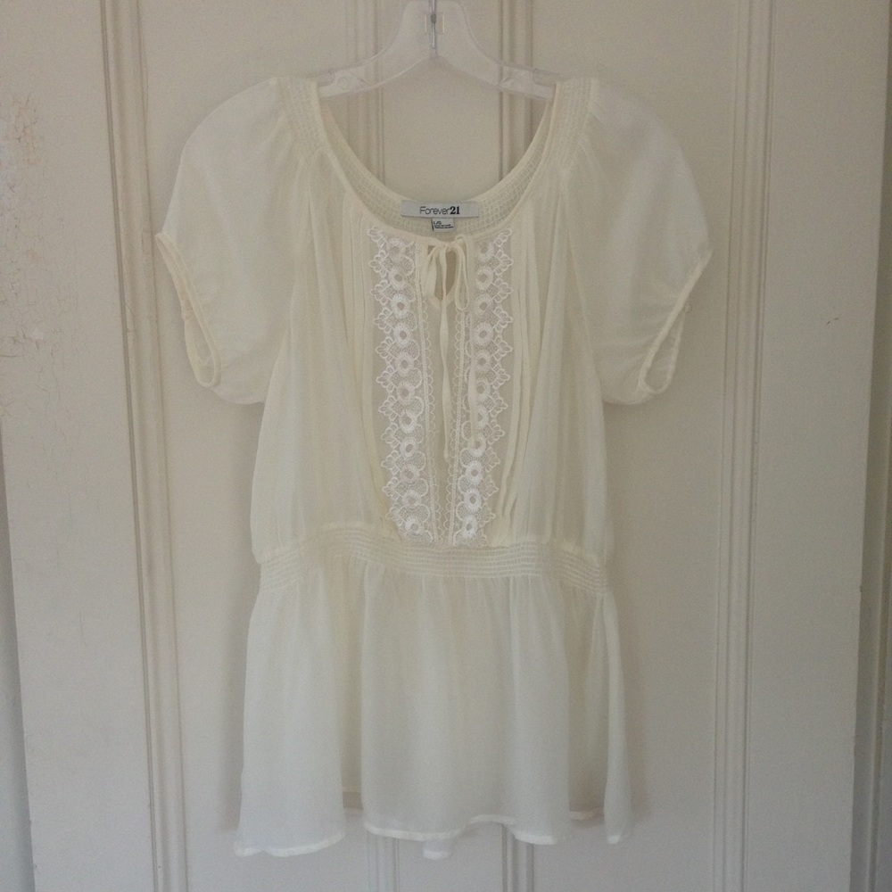 Romantic Cream Sheer Chiffon Blouse Lace Peplum